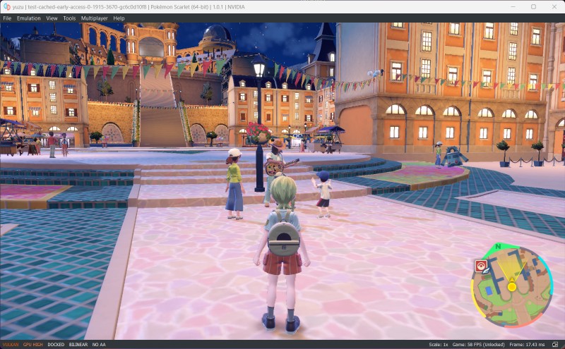 Left is default performance with an RTX 4090, middle is using the driver's 'Prefer maximum performance', right is yuzu's Turbo mode (Pokémon Scarlet)